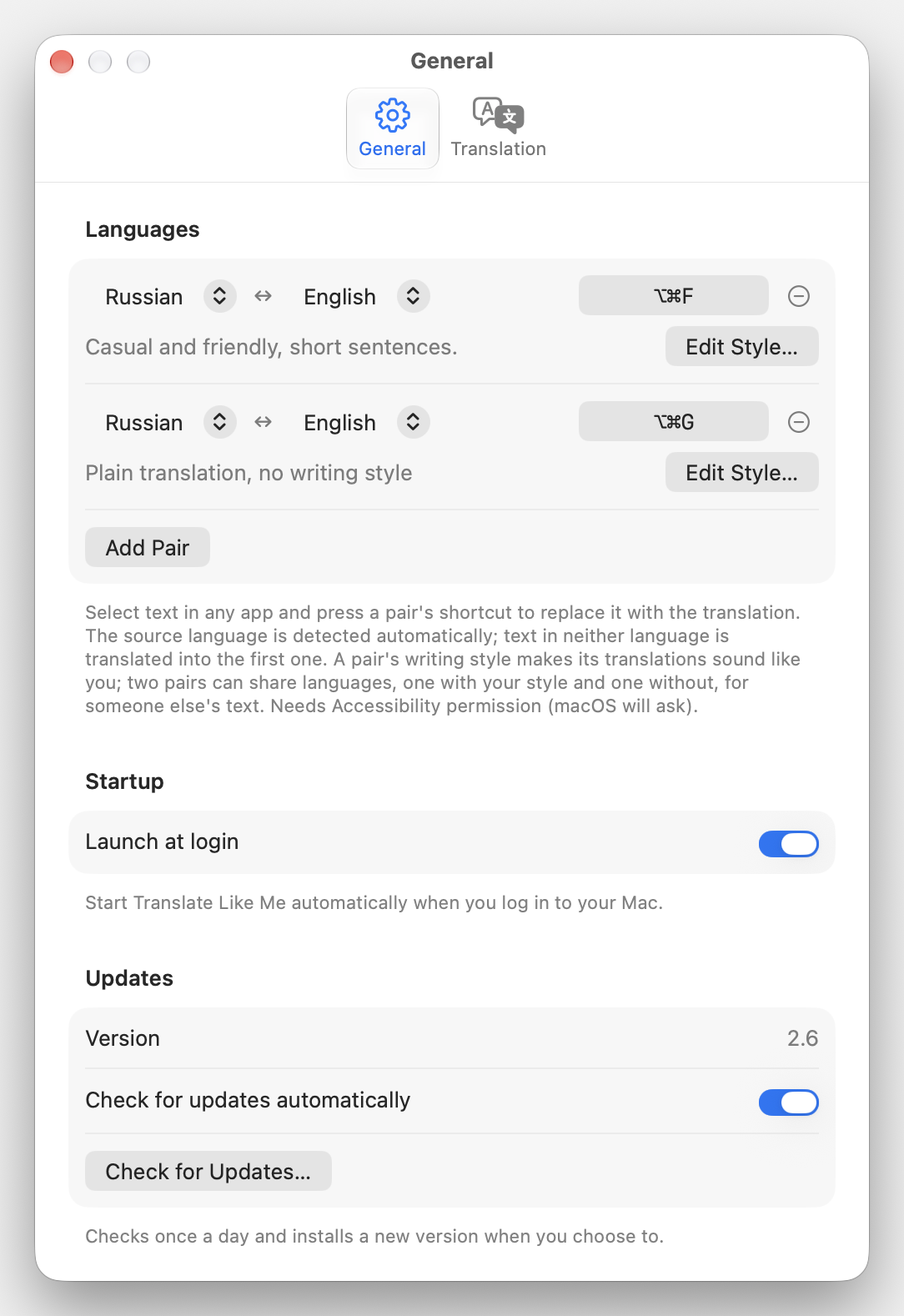 Settings, General pane with language pairs and their writing styles