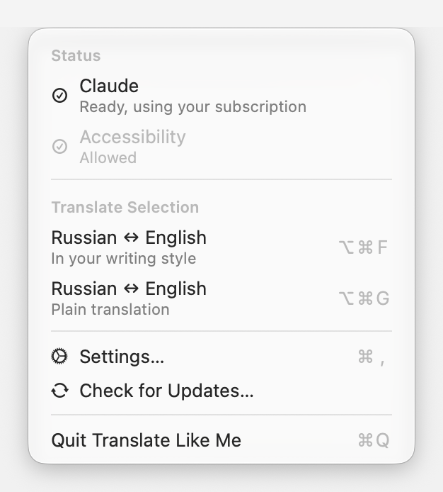 Translate Like Me menu bar menu with two language pairs, one in your writing style and one plain